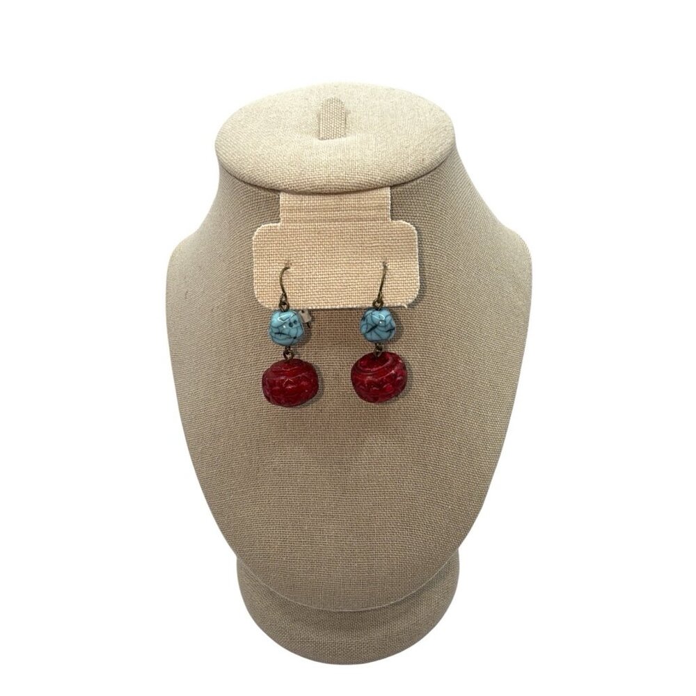 Vtg Turquoise Red Stone Wood Dangle Festival BOHO Southwestern Earrings - Picture 3 of 5